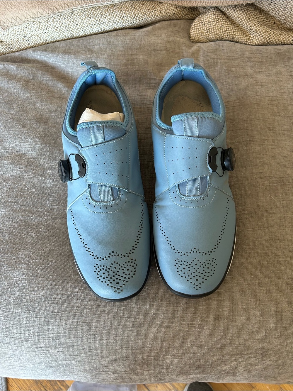 NOXNEX Light Blue Perforated Leather Slip-On Shoes Spike-less with Dial Closure